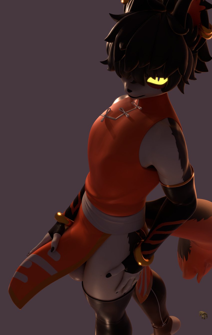 3d_(artwork) 4k aak_(arknights) aak_(valorlynz) absurd_res anthro arknights armwear balls big_nose black_body black_clothing black_fur black_hair blender_(artwork) blender_cycles blue_eyes bottomwear clothed clothing digital_media_(artwork) ear_piercing ear_ring elbow_gloves erection erection_under_clothing felid feline fingerless_gloves fur genitals gloves glowing glowing_eyes goblin gold_(metal) hair hair_in_face hand_on_leg hand_on_penis handwear hi_res huge_filesize hypergryph inner_ear_fluff laces leggings legwear loincloth looking_away male mammal markings messy_hair mole_(marking) multicolored_body neutral_expression orange_body orange_clothing orange_fur partially_clothed penis piercing ring_piercing rings_on_arms side_view simple_background sleeveless_topwear solo studio_montagne tail tuft turborenegade two_tone_body unknown_species waist_belt white_body white_fur white_markings yellow_eyes