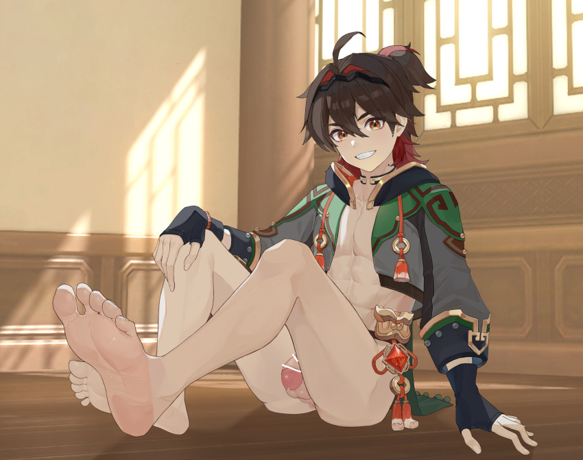 1boy absurdres bare_legs barefoot black_gloves black_hairband black_hoodie brown_eyes brown_hair censored chinese_clothes fingerless_gloves gaming_(genshin_impact) genshin_impact gloves grey_hood hair_between_eyes hairband highres hood hooded_jacket hoodie jacket long_sleeves looking_at_viewer male_focus multicolored_hair muscular muscular_male nude penis q_molu red_hair solo solo_male tassel vision_(genshin_impact)