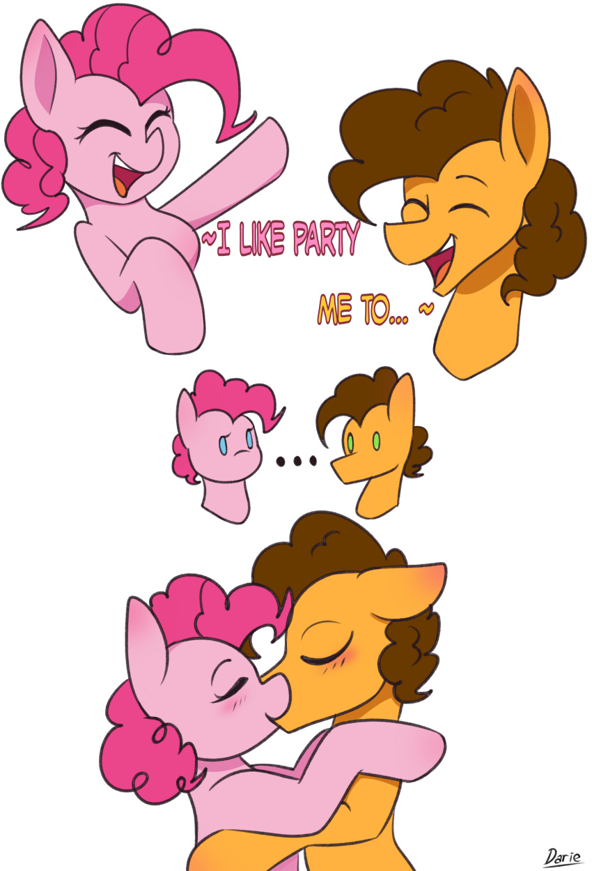 1boy 1girls absurd_res blue_eyes brown_hair canon_couple cheese_sandwich_(mlp) duo equid equine female feral friendship_is_magic green_eyes hasbro hi_res horse kissing male male/female mammal my_little_pony open_mouth pink_body pink_hair pinkie_pie_(mlp) pony simple_background white_background zeroonesunray