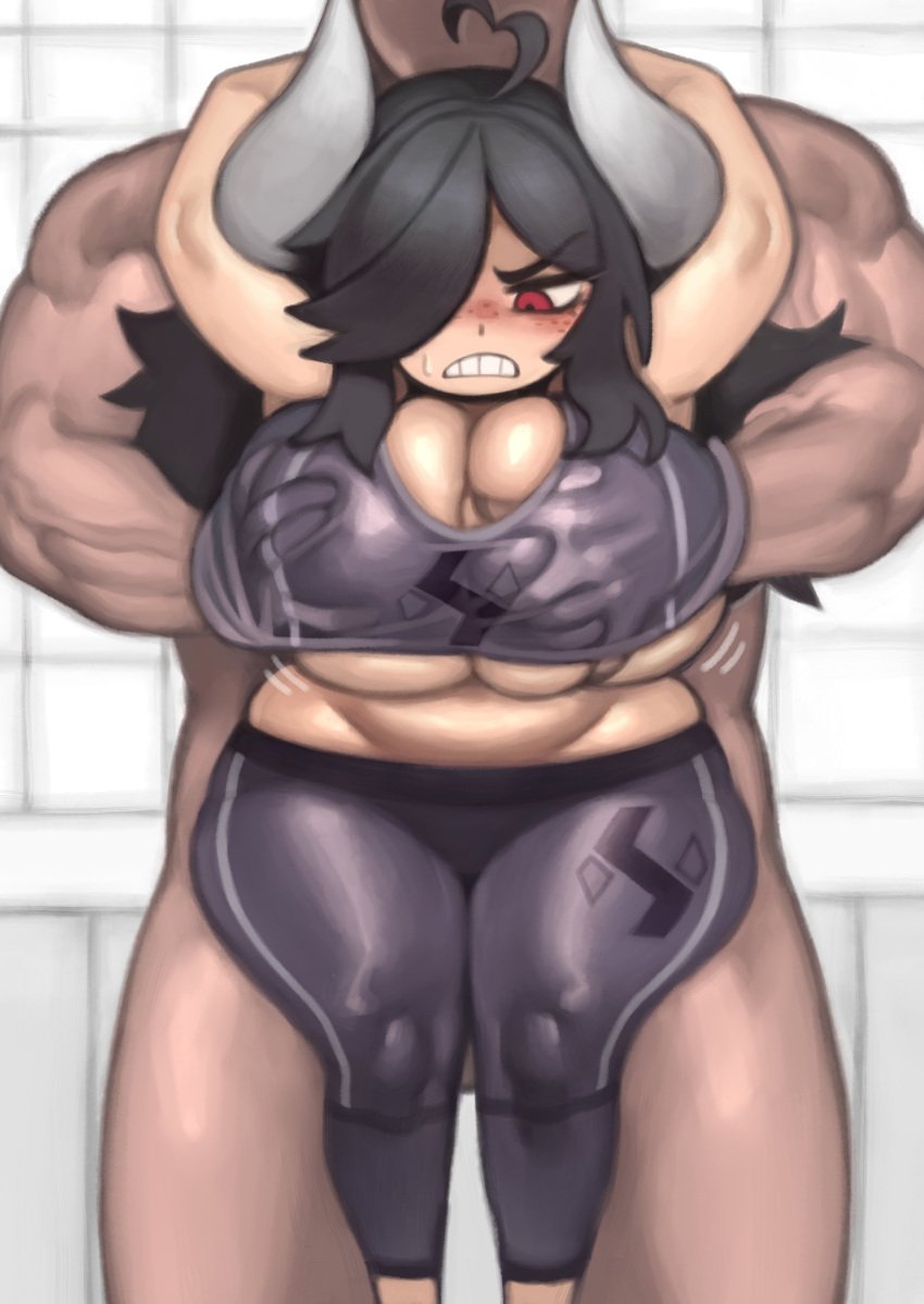 1boy 1girls big_breasts grabbing_breasts gym_clothes holding horns huge_breasts kelvin_hiu larger_male shorter_female shortstack size_difference smaller_female tomboy