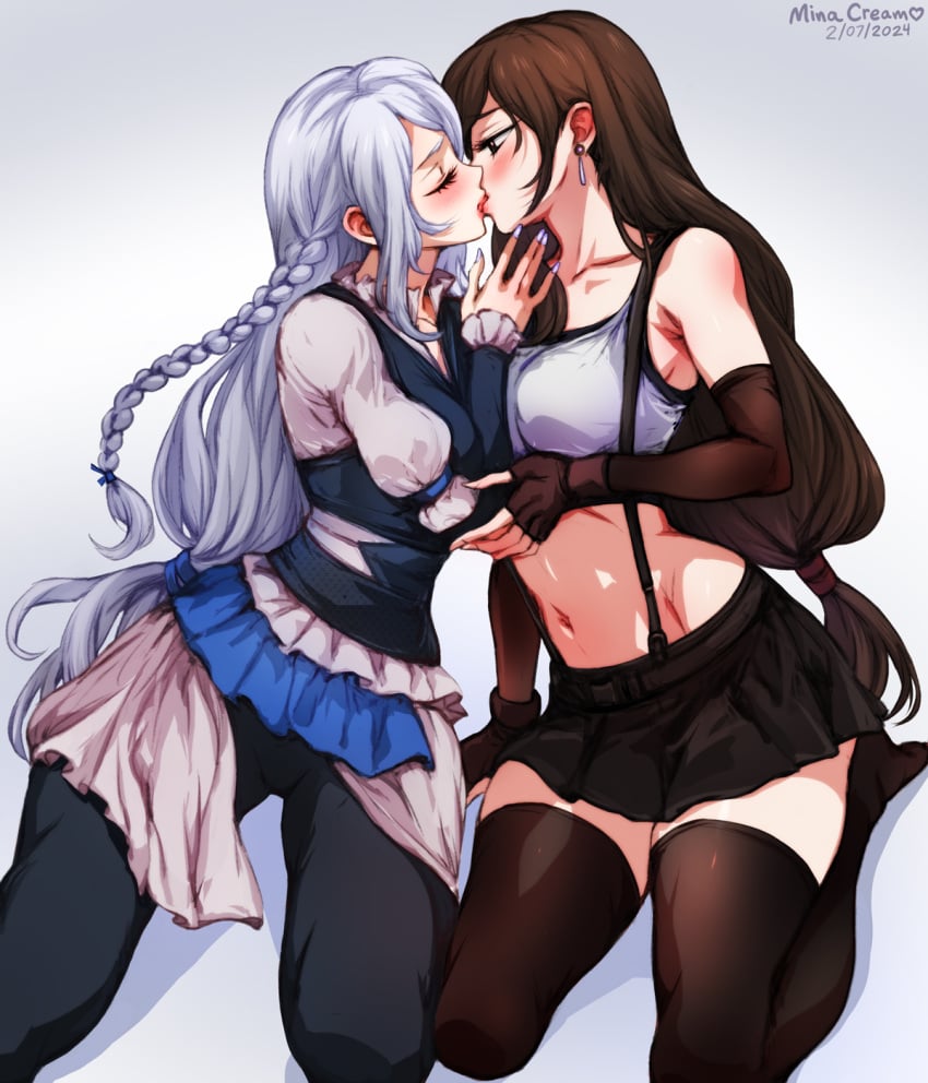 2024 2girls black_hair closed_eyes clothed dated female female_only final_fantasy final_fantasy_vii final_fantasy_xvi grey_hair jill_warrick kissing lesbian_kiss minacream skirt thighhighs tifa_lockhart yuri zettai_ryouiki