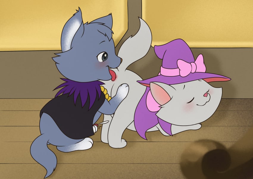 absurd_res anthro clothing dian_(jewelpet) disney domestic_cat duo felid feline felis female feral fur grey_body grey_fur hat headgear headwear hi_res jewelpet male male/female mammal marie_(aristocats) minum sanrio sega_fave the_aristocats white_body white_fur witch_hat