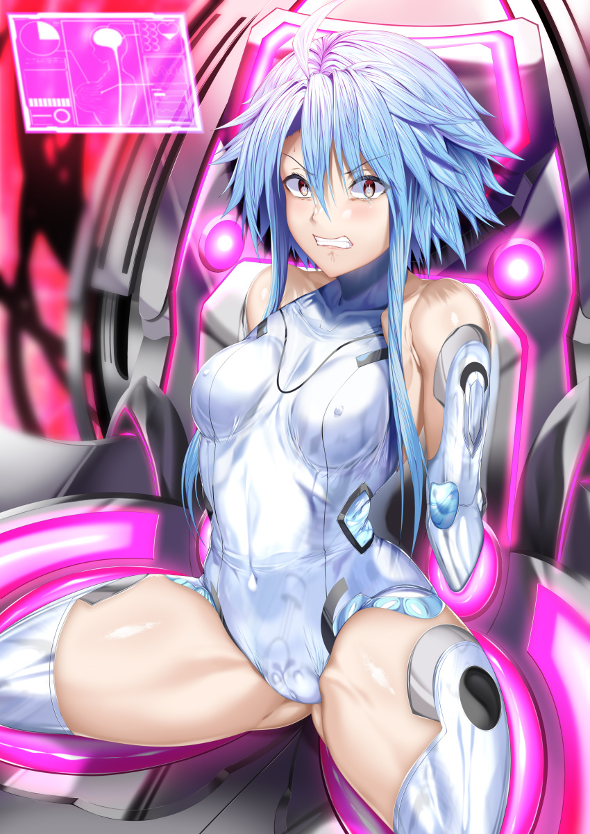 angry bare_shoulders blanc blue_hair blush bodysuit bondage erect_nipples erect_nipples_under_clothes female female_focus goddess highres ill_(0022) light_skin looking_at_viewer machine neptunia_(series) petite red_eyes restrained short_hair small_breasts solo spread_legs teeth thighhighs white_heart_(neptunia)