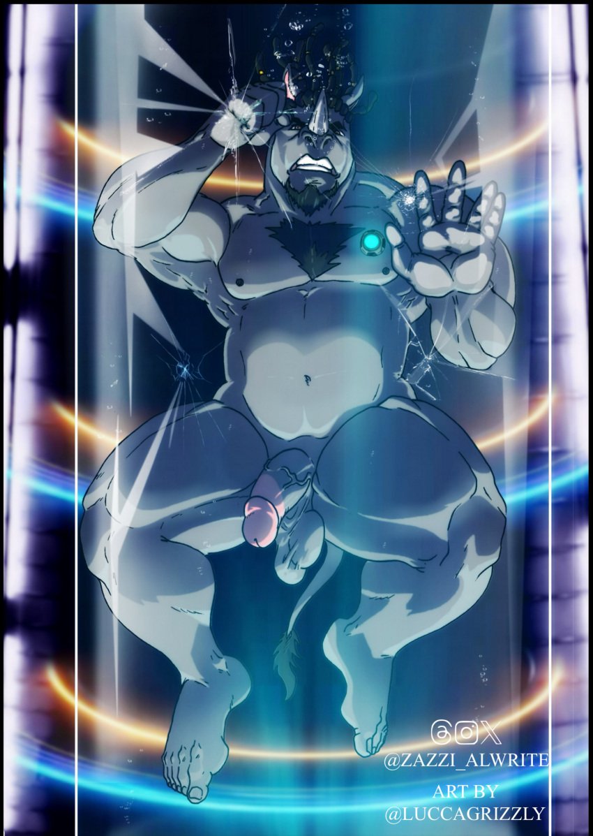 2024 air_bubble angry anthro asphyxiation balls belly biceps body_hair breaking_glass chest_hair cracked_glass drowning facial_hair feet fist flaccid genitals glass_tube goatee hi_res joaobear luccagrizzly male mammal musclegut muscular navel nipples nude pecs penis pod rhinoceros slightly_chubby solo struggling triceps underwater vein veiny_penis