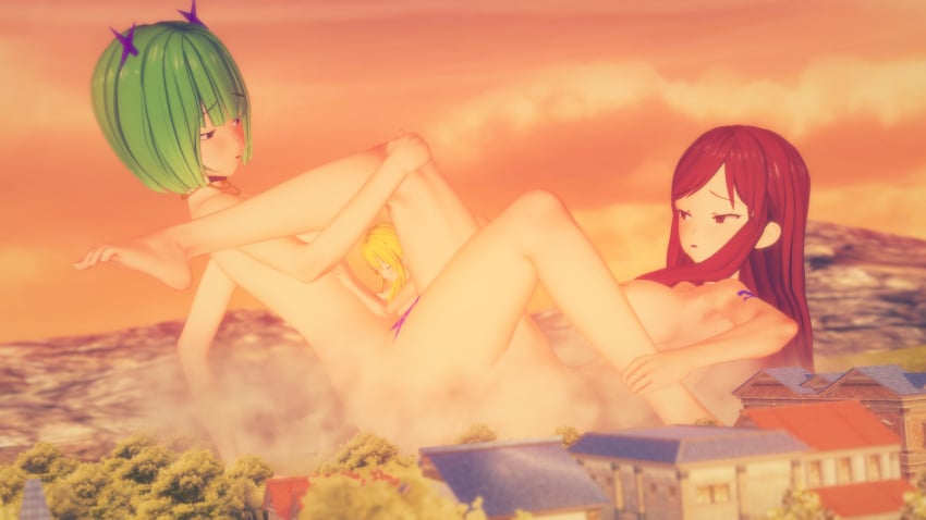 barefoot blonde_hair brandish_mew erza_scarlet fairy_tail feet female_only giantess green_hair koikatsu lucy_heartfilia nude_female red_hair scissoring size_difference tattoo tenguyurilove toes tribadism yuri