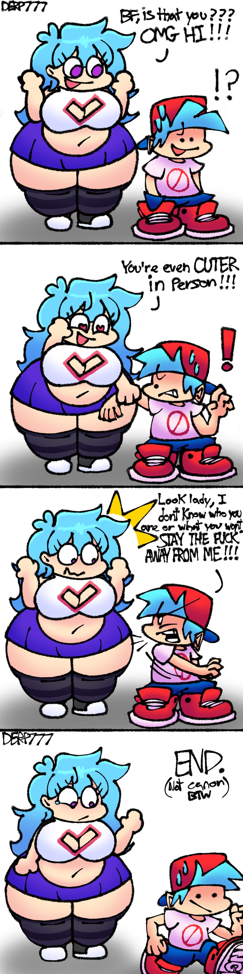 1boy 1girls angry angry_expression black_and_white black_stockings blue_hair blue_pants blue_skirt boyfriend_(friday_night_funkin) cap chubby chubby_female comic confused crying derp777 dialogue fat friday_night_funkin friday_night_funkin_mod grey_shoes happy height_difference horny obese pants red_cap red_shoes rejection running_away sequence shirt shocked shocked_expression shoes skirt skyblue skyblue_(friday_night_funkin) speech tagme text white_background white_shirt