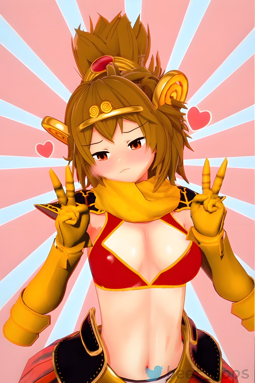 1girls armor blush breasts brown_eyes brown_hair cleavage closed_mouth double_v embarrassed gauntlets gloves heart kuu_(battle_cats) looking_away medium_breasts midriff navel ponytail red_eyes red_skirt scarf skirt solo tattoo tepobeso the_battle_cats v watermark yellow_scarf