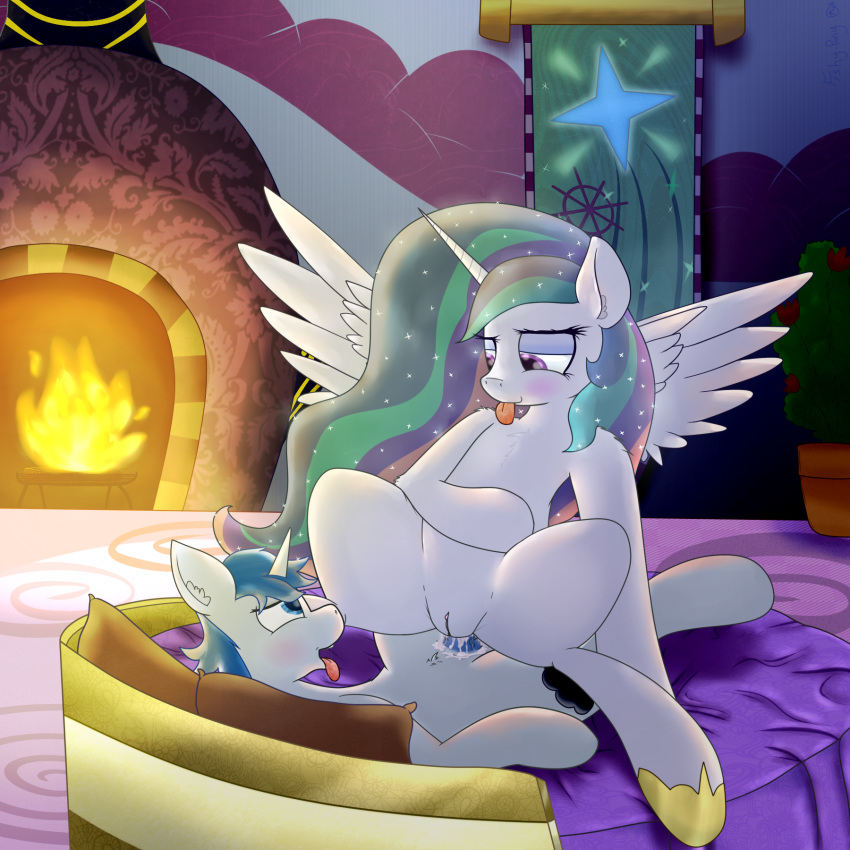 2015 anal animal_genitalia bed blue_eyes blush cum cum_inside duo equine fan_character female feral fireplace fishy-pony friendship_is_magic fur horn horse horsecock male mammal my_little_pony penis princess_celestia_(mlp) pussy sex tongue tongue_out