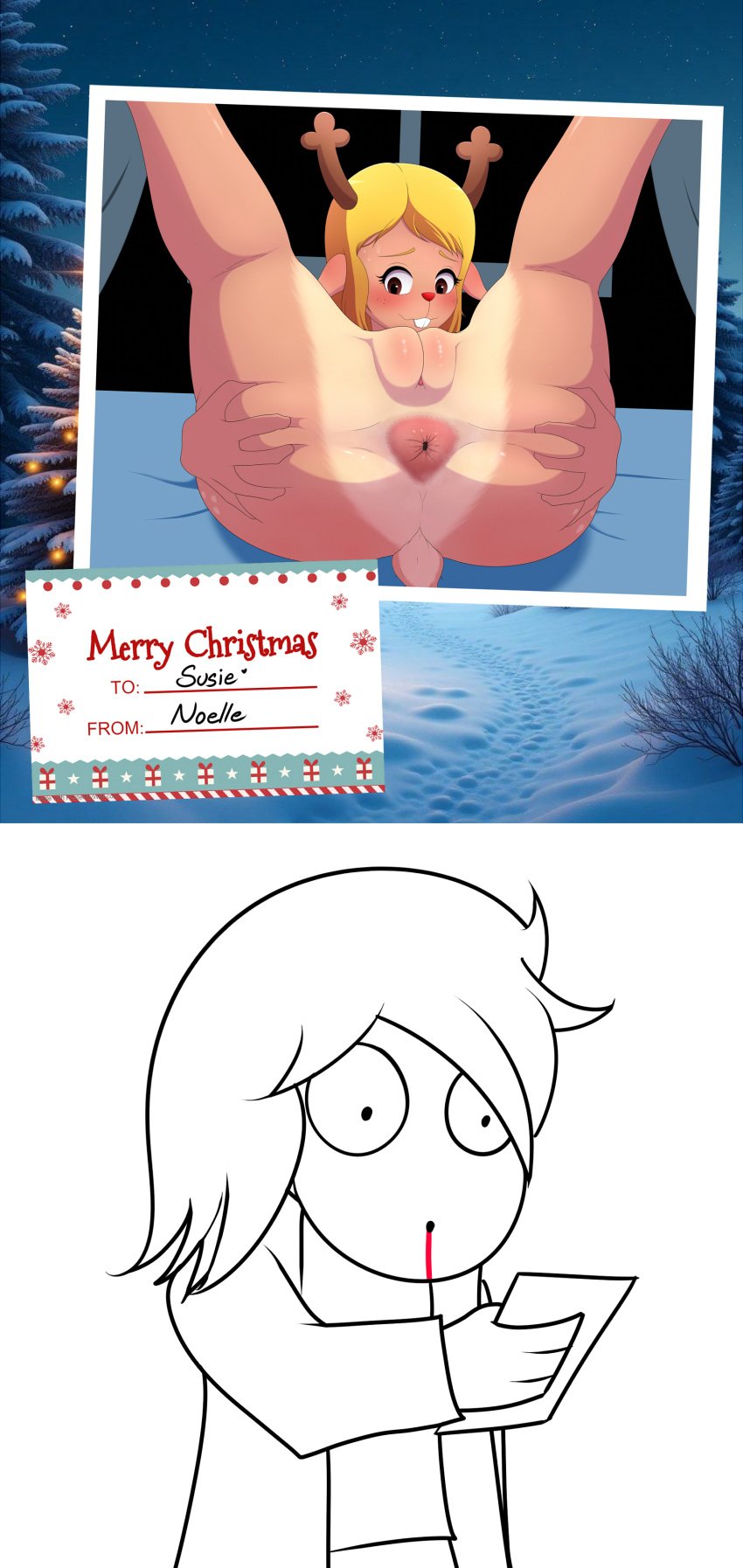 anus anus_focus blush blushing brown_eyes brown_fur christmas christmas_card deer deltarune deltarune_chapter_2 embarrassed embarrassed_nude_female female fur furry furry_female furry_tail noelle_holiday nosebleed paicu spread_anus susie_(deltarune) undertale_(series) yellow_hair