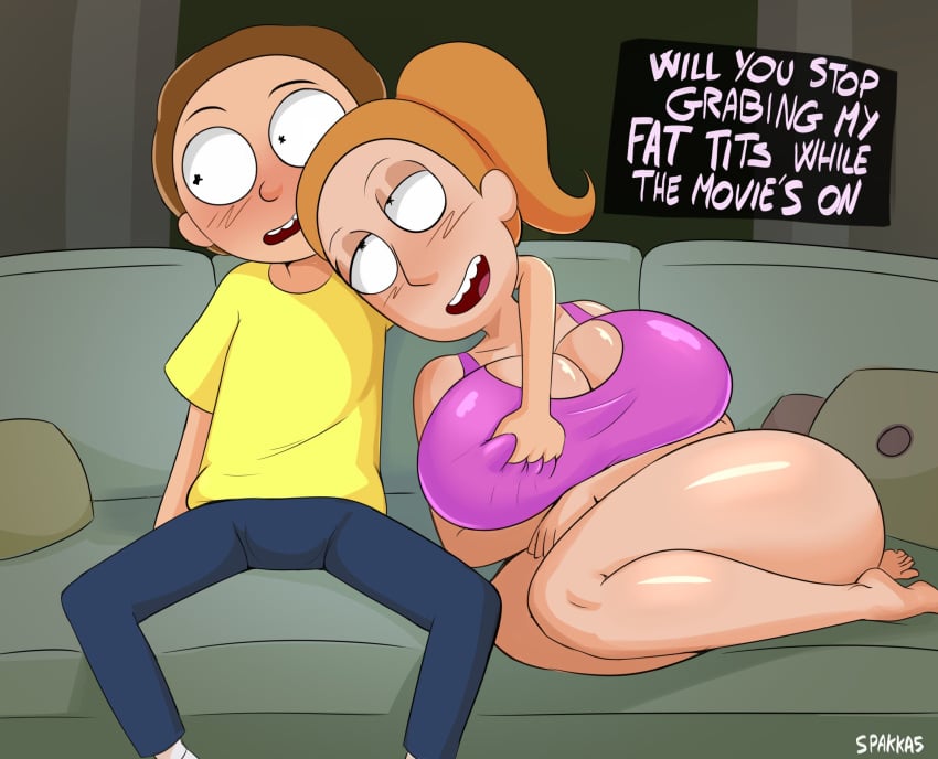 2d 2d_(artwork) 2d_artwork adult_swim ass breasts brother brother_and_sister english english_text female groping groping_breasts hair huge_breasts incest morty_smith older_sister on_couch rick_and_morty seductive sister spakka spakka5 summer_smith tagme younger_brother younger_brother_older_sister