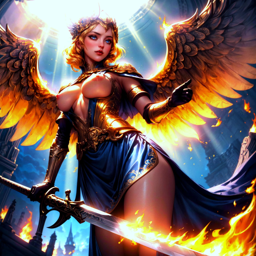 1girls ai_generated angel_wings blue_eyes breasts nipples no_bra sarella short_hair solo sword