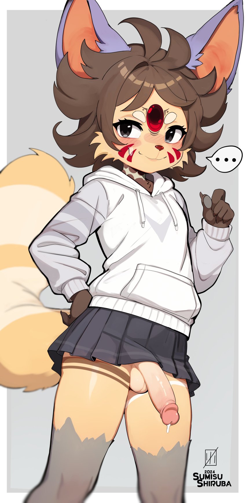 1boy absurdres animal_ears blush brown_hair female furry furry_male highres looking_at_viewer miniskirt non-web_source original simple_background skirt smile solo sumisushiruba sweater