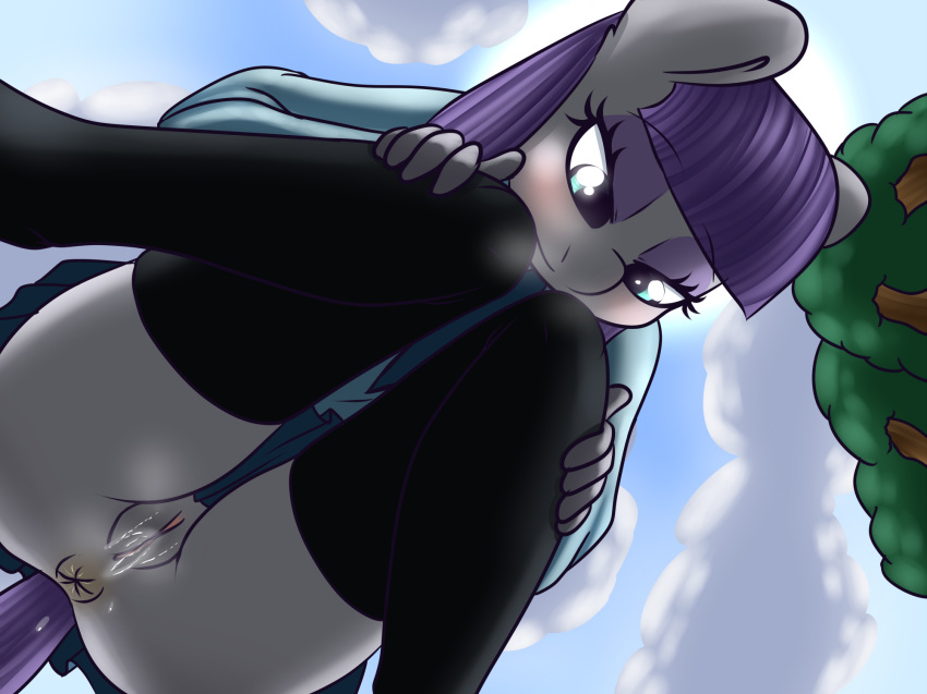 1girls animal_ears anthro anus black_legwear blue_eyes clothes earth_pony equine eyelashes eyeshadow female friendship_is_magic from_below fur grey_fur hair happy horse looking_at_viewer makeup mammal maud_pie maud_pie_(mlp) my_little_pony pony purple_hair pussy pussy_juice shy sky solo spunkubus squatting tail thighhighs tree vagina