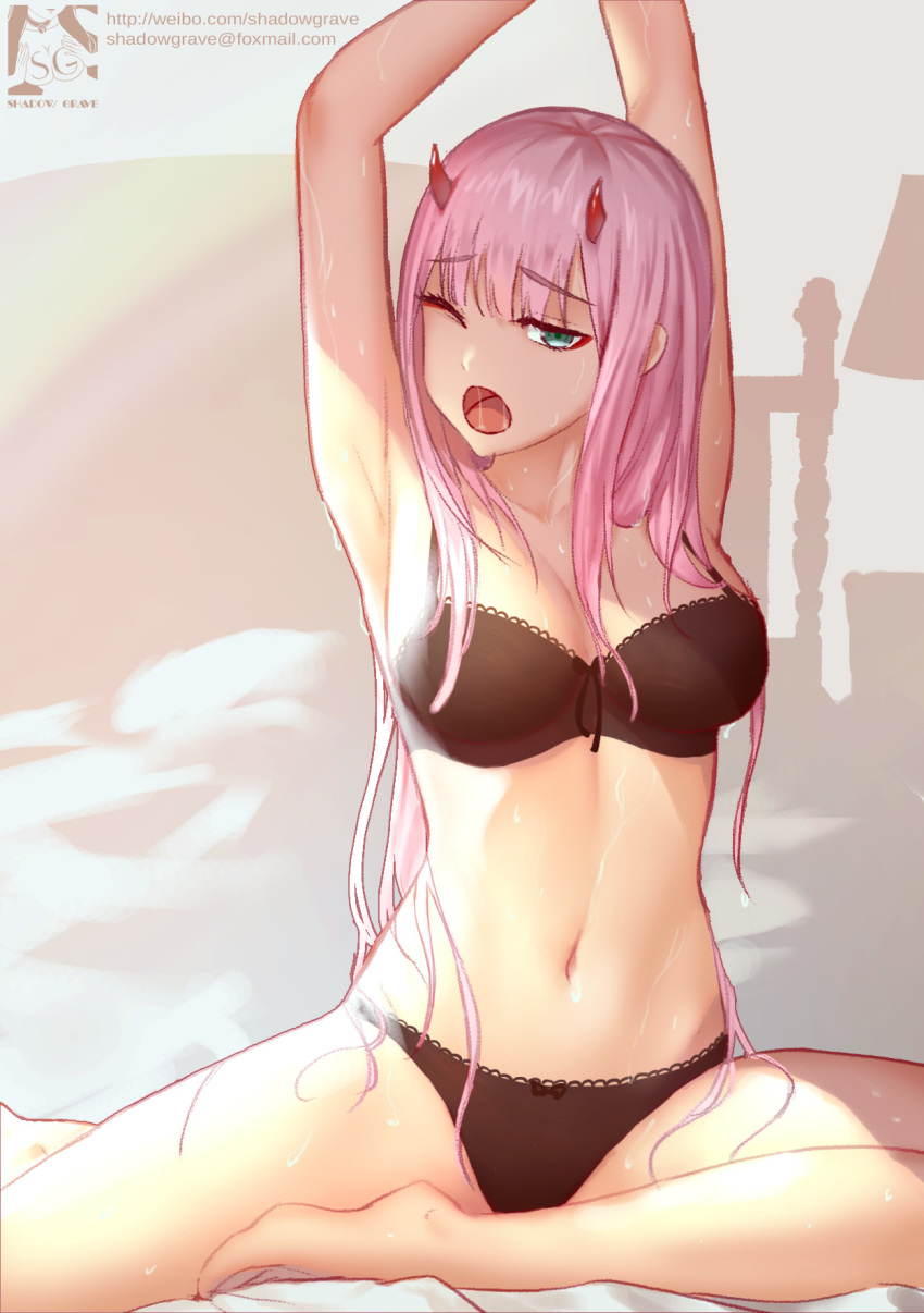 1girls armpits arms_above_head artist_name bangs barefoot bed black_bra black_panties bra breasts clothed darling_in_the_franxx email_address feet female female_only front_view half-closed_eyes highres horns indoors lace-trimmed_bra lace-trimmed_panties large_breasts lingerie long_hair looking_at_viewer midriff morning navel on_bed one_eye_closed open_mouth panties pink_hair shadowgrave solo stretching sweat teal_eyes toes toned url very_long_hair watermark weibo_username yawning zero_two_(darling_in_the_franxx)