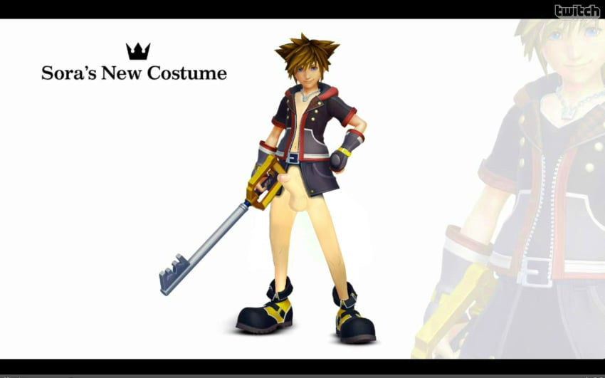 1boy belt brown_hair jkcs1611991 keyblade kingdom_hearts kingdom_hearts_iii male male_only necklace penis photoshop simple_background solo sora spiked_hair uncensored