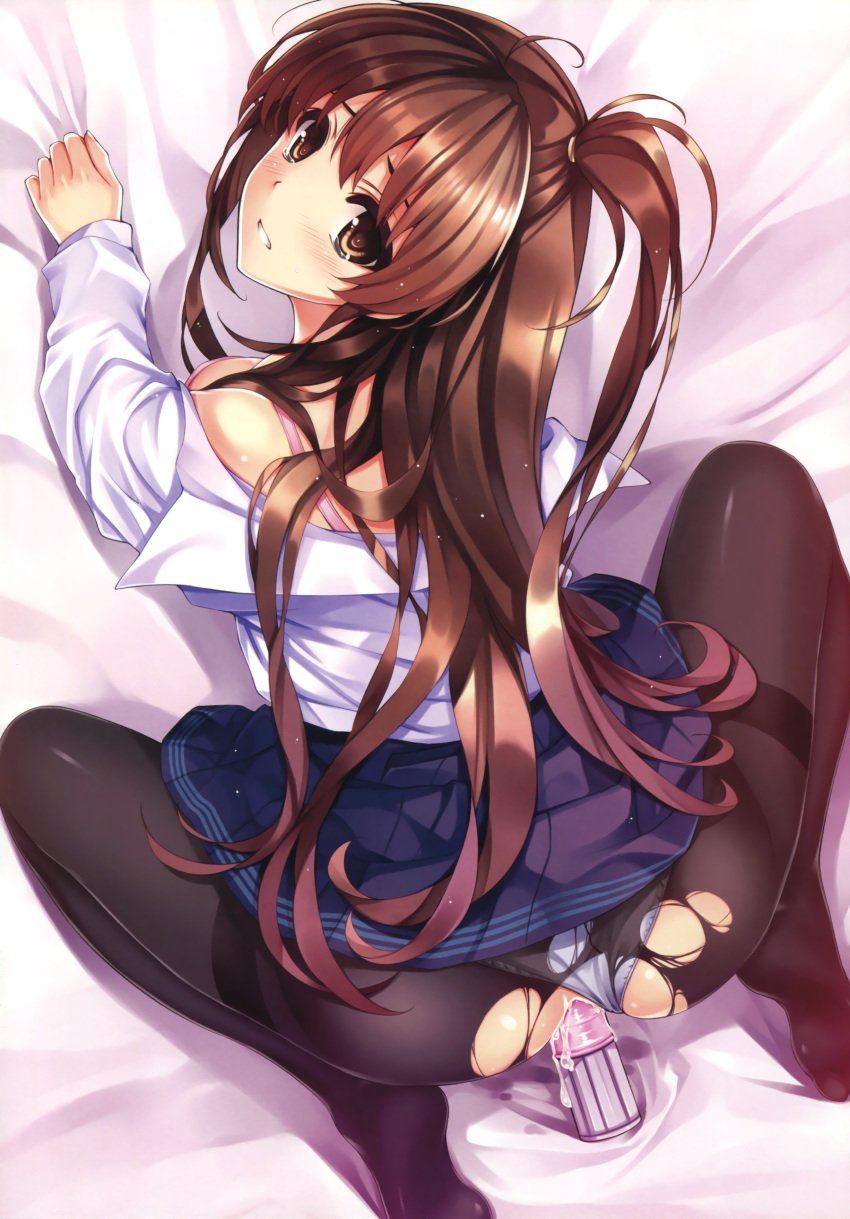 absurdres all_fours bed_sheet black_legwear blush bra brown_eyes brown_hair clenched_teeth dildo feet female female_masturbation from_above half_updo highres long_hair long_sleeves looking_up masturbating masturbation misaki_kurehito no_shoes object_insertion off_shoulder one_side_up panties panties_aside panties_under_pantyhose panty_pull pantyhose pink_bra pussy_juice school_uniform sheet_grab soles solo squatting tears torn_clothes torn_pantyhose underwear white_panties