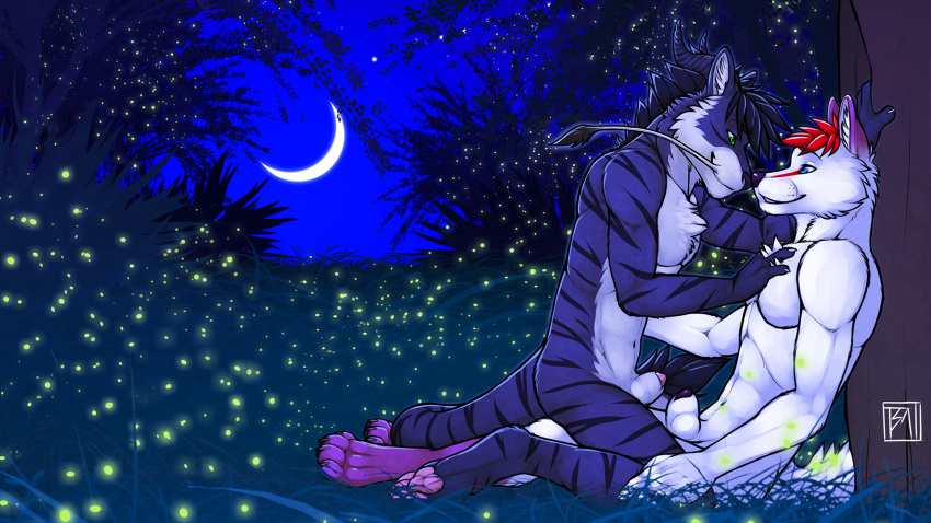 2015 abs anthro arctic_fox biceps blue_eyes canine chinese_dragon couple digitigrade dragon dragonstache duo eye_contact fireflies fox fur furred_dragon grass green_eyes grey_fur hair hand_on_chest hi_res horn kad_foxwolf kneeling knot knot_in_sheath male mammal moon muscles neonmushu night nude pecs penis penis_tip reclining red_hair sheath smile stripes tree tsaiwolf white_fur yaoi