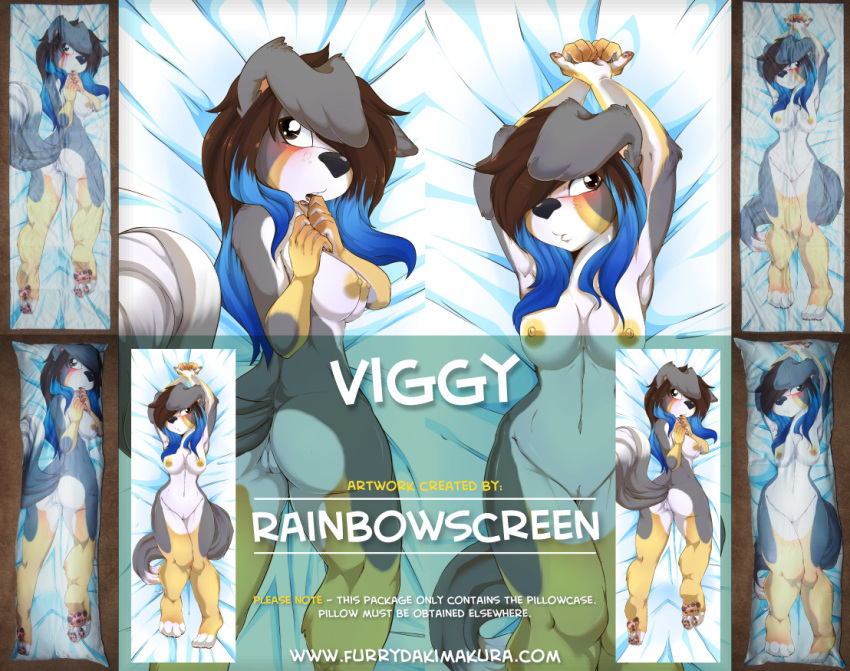 2014 advertisement annoying_watermark anthro ass bed_sheet blue_hair breasts canine clothing cute dakimakura dyed_hair english_text female fur hair looking_at_viewer lying mammal nipples nude on_back open_mouth pussy rainbowscreen sheep_dog smile solo text viggy watermark