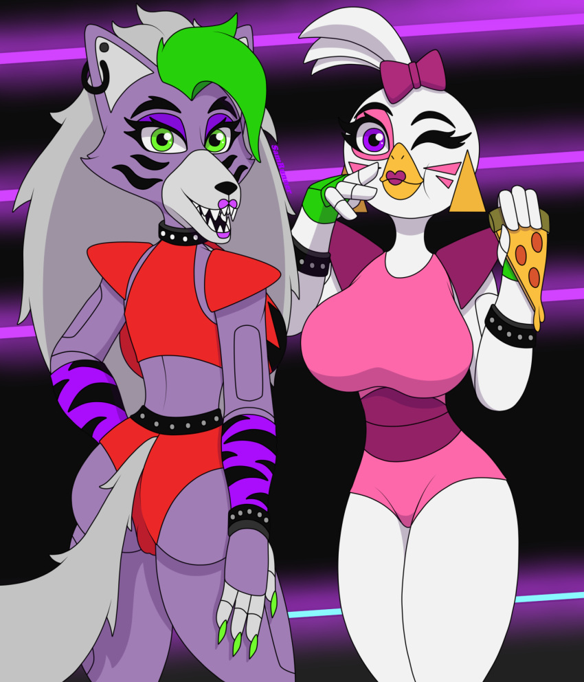 2girls anthro ass big_breasts breasts chicken clothing fanart female female_focus female_only five_nights_at_freddy's five_nights_at_freddy's:_security_breach fnaf fur furry furry_only glamrock_chica_(fnaf) looking_at_viewer looking_back roxanne_wolf_(fnaf) samrunner small_waist thick_thighs thighs waist wolf