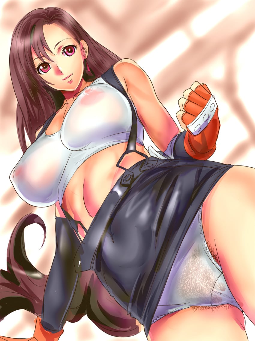 bare_shoulders breasts brown_hair dodai_shouji female female_only final_fantasy final_fantasy_vii fingerless_gloves gloves highres human large_breasts long_hair looking_at_viewer looking_down nipples panties pink_eyes see-through see-through_panties skirt solo suspenders thighs tifa_lockhart underwear very_long_hair white_panties