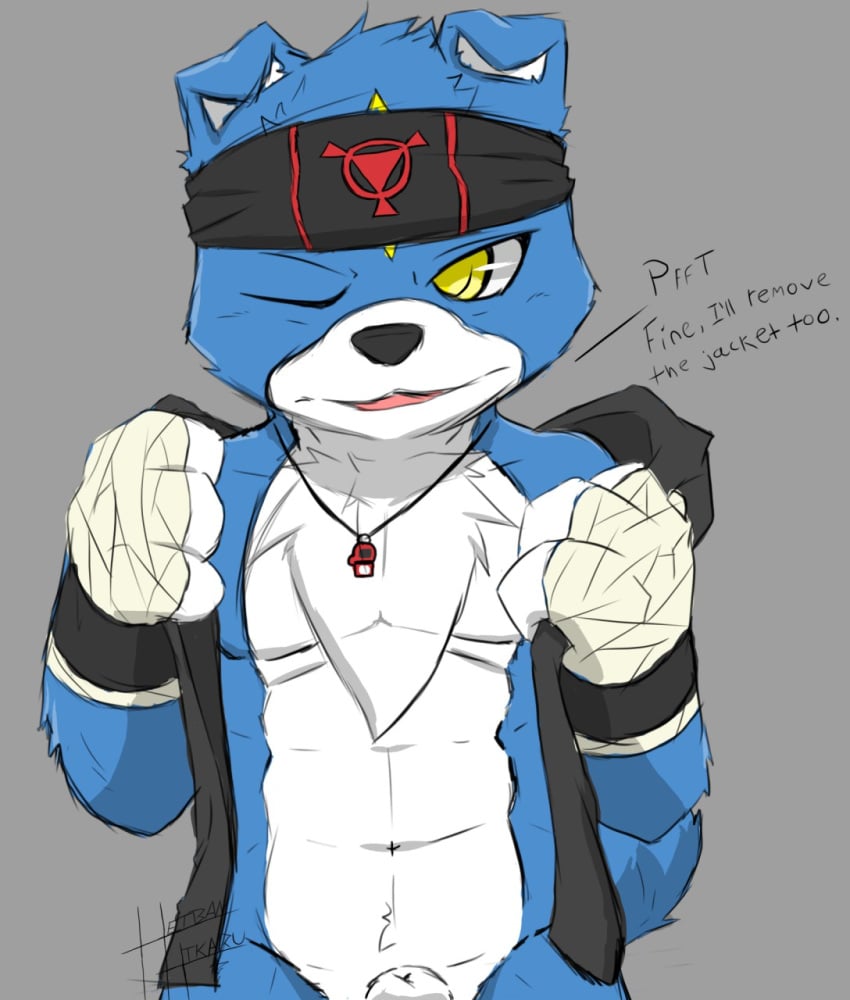 anthro anthrofied arm_wraps bottomless canine clothed clothing countershade_torso dialogue digimon english_text front_view gaomon half-dressed headband heibanhikaru jacket male_only mammal one_eye_closed sheath signature text toned undressing whistle wink