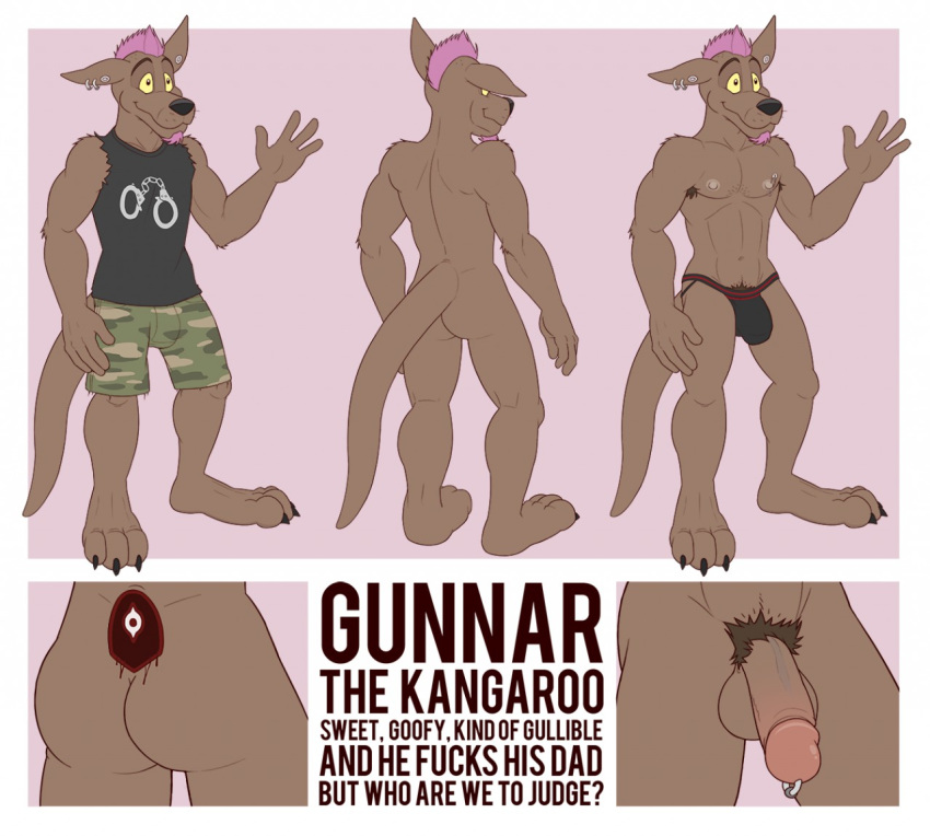 anthro anti_dev balls bulge clothing ear_piercing genital_piercing gunnar humanoid_penis kangaroo male male_only mammal marsupial model_sheet nipple_piercing nipples nude penis penis_piercing piercing solo underwear