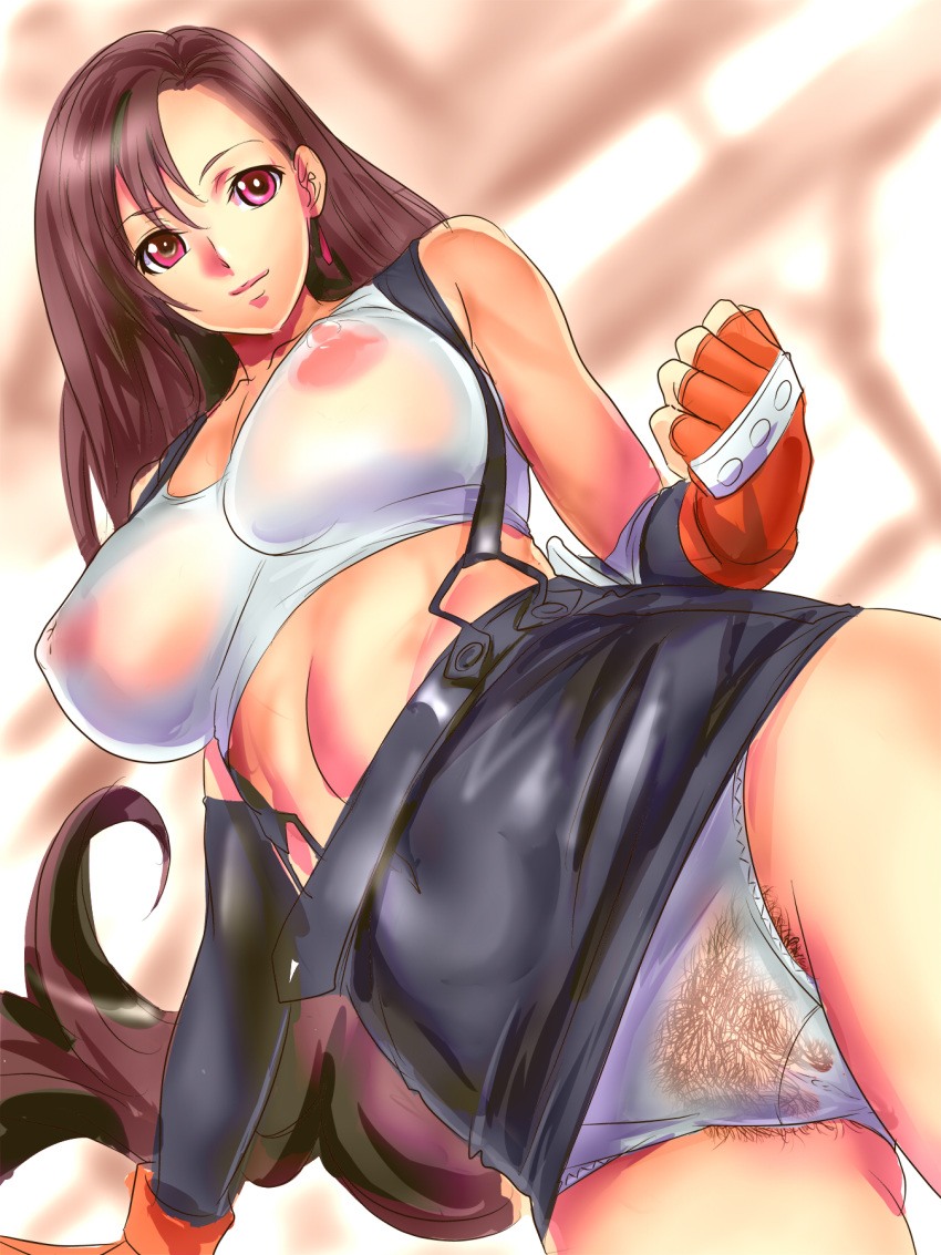 bare_shoulders breasts brown_hair dodai_shouji female female_only final_fantasy final_fantasy_vii fingerless_gloves gloves highres human large_breasts long_hair looking_at_viewer looking_down nipples panties pink_eyes pubic_hair see-through see-through_panties skirt solo suspenders thighs tifa_lockhart underwear very_long_hair white_panties