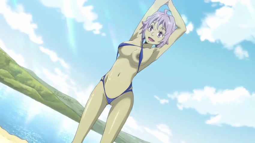 1girls arms_up blue_swimsuit female goblin goblin_female green_skin grey_eyes grey_hair grey_nipples haruna_(tensei_shitara_slime_datta_ken) hobgoblin lake nipples silver_hair sky sling_bikini solo_female sunny tensei_shitara_slime_datta_ken thigh_gap