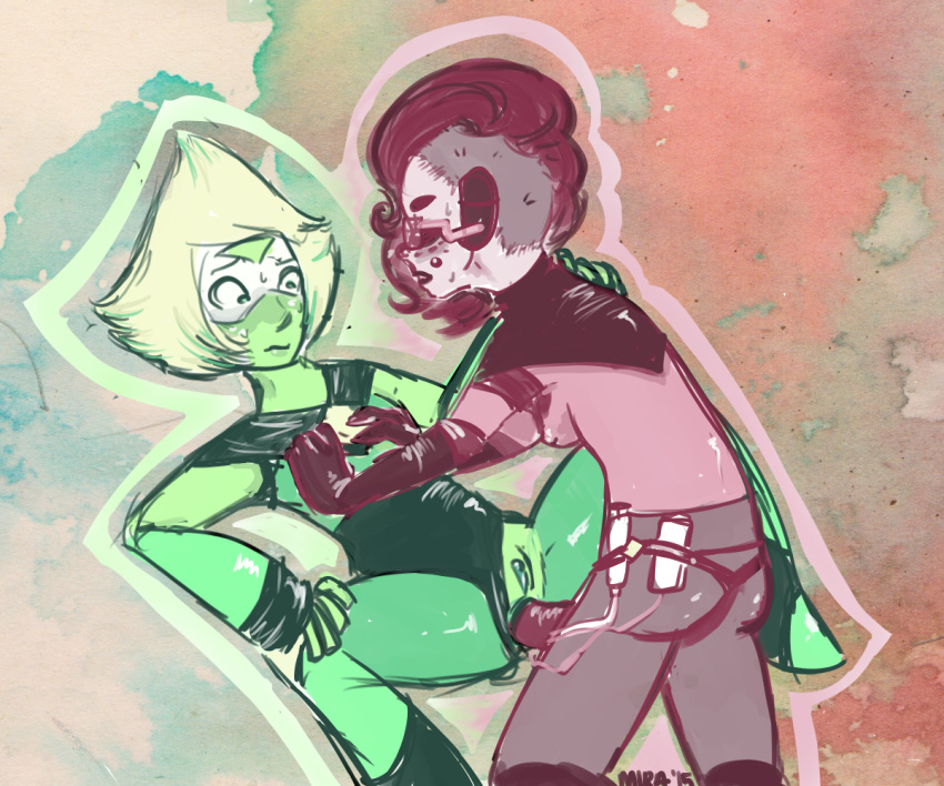 2girls anal ass bodysuit female femdom freckles gem_(species) green_skin groping harness limb_enhancers multiple_girls on_back peridot_(steven_universe) pink_skin pussy sex_toy steven_universe strap-on sweat syringe vibrator yuri