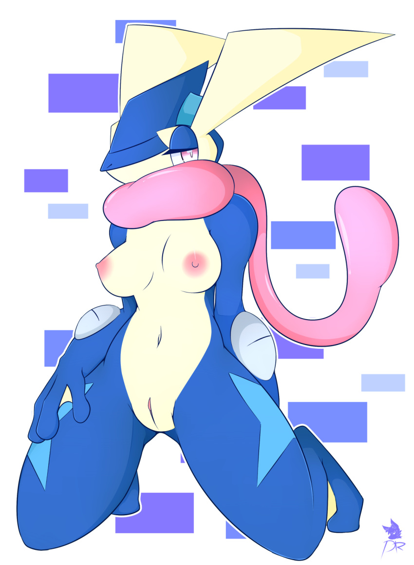 abstract_background anthro breasts clitoris drakeraynier female greninja half-closed_eyes kneeling looking_at_viewer navel nintendo nipples nude pink_eyes pokemon pokemon_(species) pussy solo spread_legs spreading video_games