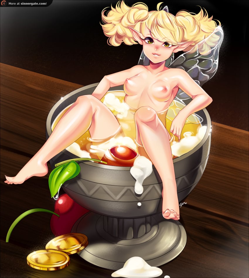 barefoot bathing blonde_hair blush breasts cup dragon's_crown drunk fairy feet female green_eyes looking_at_viewer loyproject medium_breasts nipples nude partially_submerged pointy_ears smile solo tiki_(dragon's_crown) wings