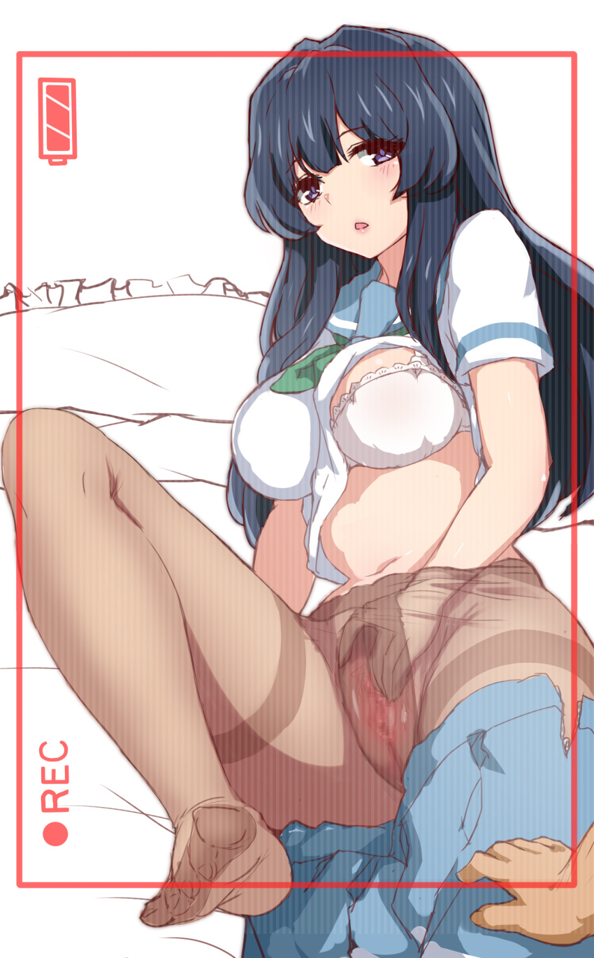 absurdres bangs black_hair blouse blue_skirt blush border bra breasts brown_legwear censored character_request clothed_masturbation clothing feet female fingering hibike!_euphonium highres hu_sea large_breasts looking_at_viewer masturbation navel neckerchief no_panties no_shoes open_mouth out_of_frame pantyhose pillow pov_hands purple_eyes pussy reclining recording scanlines school_uniform serafuku shirt_lift short_sleeves sketch skirt skirt_around_one_leg soles solo_focus thighband_pantyhose toes underwear viewfinder white_blouse white_bra