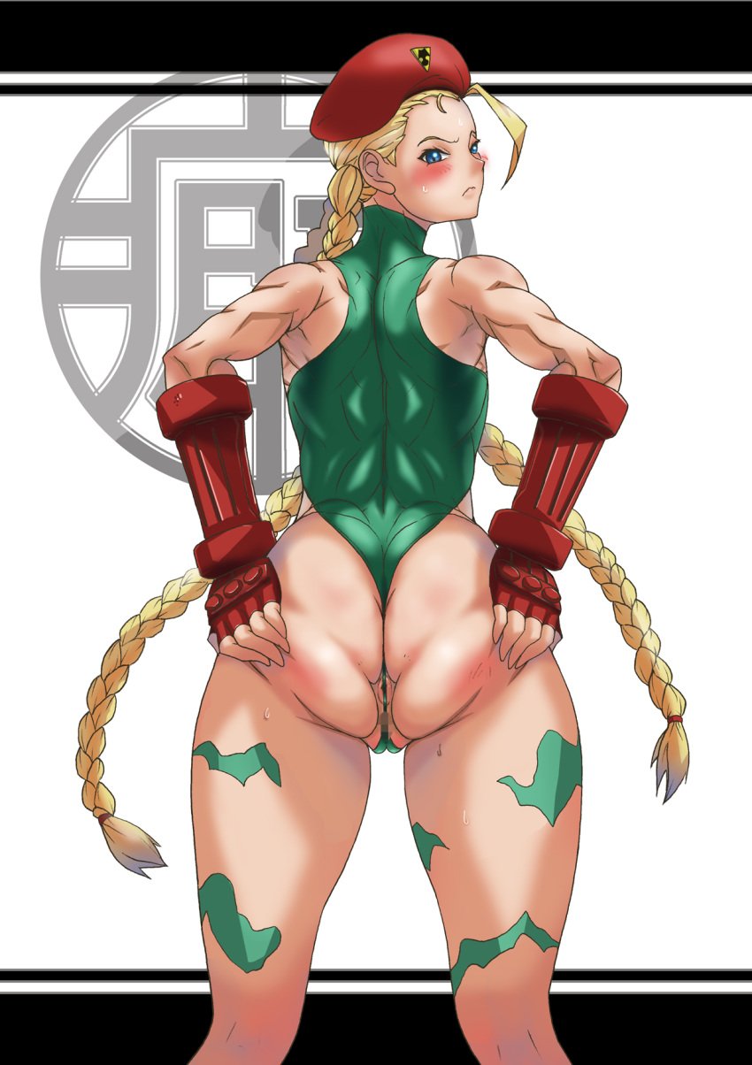 anus ass blonde_hair blush cammy_white capcom censored female female_only hat highres huge_ass human leotard muscle shibire_hitsuji solo street_fighter twin_braids