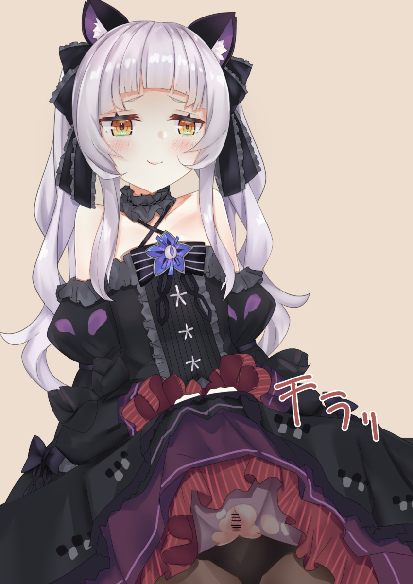 animal_ear_fluff animal_ears cat_ears censored choker cowgirl_position detached_sleeves female flat_chest frilled_choker frills gothic_lolita highres hololive hololive_gen_2 hololive_japan lolita_fashion murasaki_shion orange_eyes pussy sidelocks silver_hair small_breasts straddling tikuwazyousyou upskirt virtual_youtuber