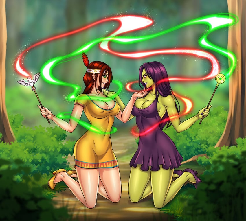 2girls absurd_res banjo-kazooie brown_hair chin_hold cleavage cleavage_dress commission curvaceous curvaceous_female curvaceous_figure determined digital_drawing_(artwork) digital_media drool duo duo_focus erect_nipples female_only femdom femsub forest forest_background game_over_gruntilda glowing_eyes green_skin gruntilda happy_trance headband high_heels humba_wumba hypnosis hypnotic_smoke hypnotized_hypnotist indian indian_female kneeling lavionartz lipstick long_hair magic magic_wand makeup mind_control multiple_girls native_american native_american_female native_laurentian nipples_visible_through_clothing one_piece_dress partially_clothed partially_clothed_female primate purple_hair purple_lipstick symmetrical_pose turtle_islander witch yuri