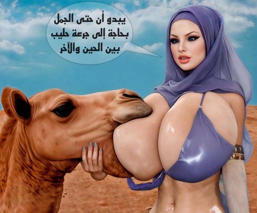 3d ai_assisted ai_generated arabian arabic_text big_breasts bite breast_feeding breast_sucking breastfeeding breasts busty camel desert female female_only hijab large_breasts massive_breasts milf muslim_female nipples original_character pussy realistic submissive_female suckling zoophilia