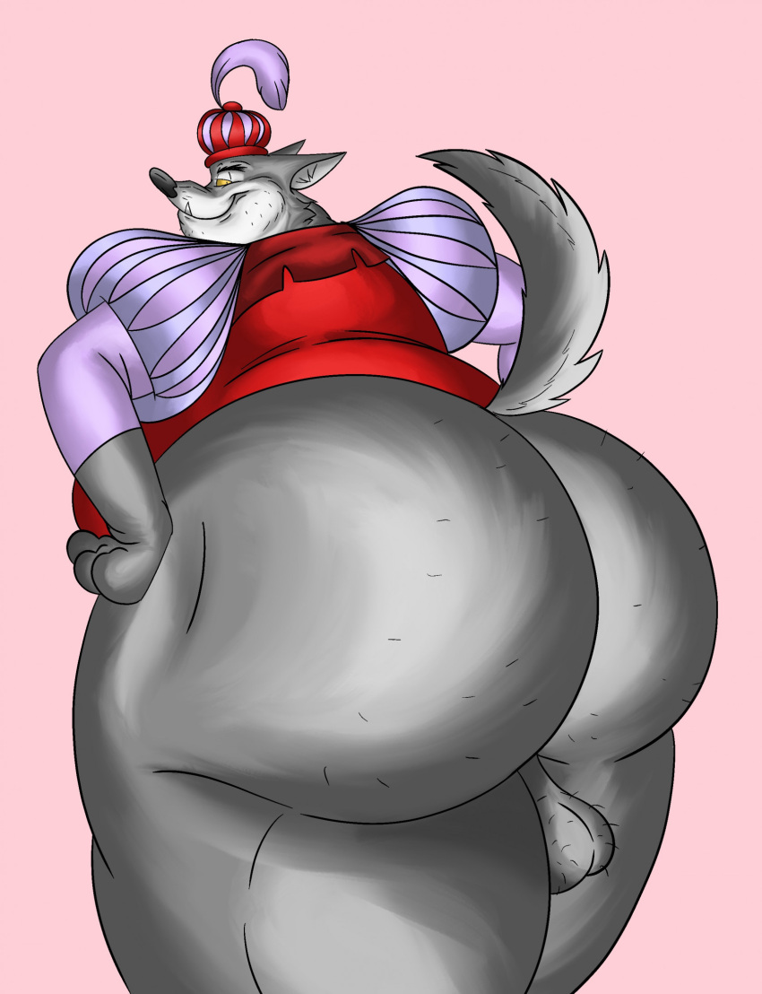 anthro ass balls big_butt canid canine canis disney genitals hi_res looking_back male mammal obese obese_anthro obese_male overweight overweight_anthro overweight_male presenting presenting_hindquarters raised_tail robin_hood_(disney) sheriff_of_nottingham solo sunflower_fox tail thick_thighs wolf