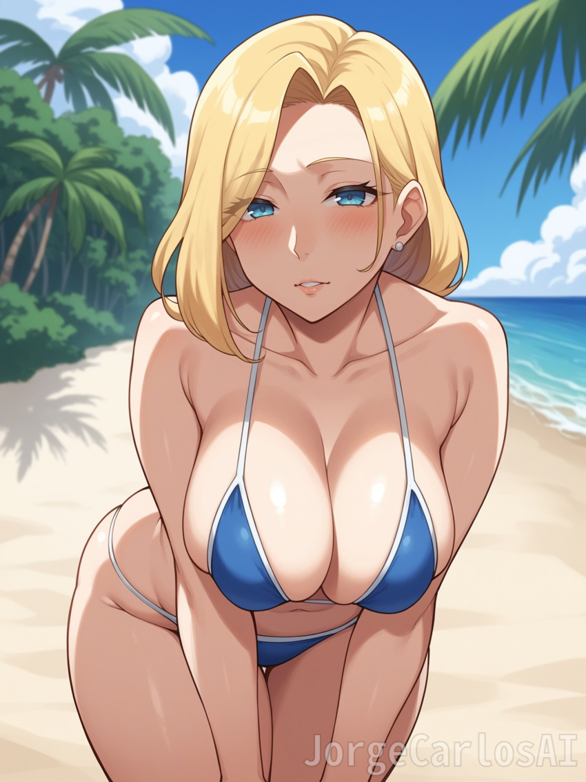 ai_generated arms_down beach bikini bikini_bottom bikini_top blonde_female blonde_hair blonde_hair_female blue_bikini blue_eyes blue_eyes_female blurry_background blush blush_lines blushing_at_viewer breasts cleavage earrings eye_visible_through_hair female female_focus female_human female_only huge_breasts jorgecarlosai leaning leaning_forward mature mature_female mature_woman medium_hair milf mommy mommy_kink navel saggy_breasts sand smile squeezing squeezing_breast water watermark