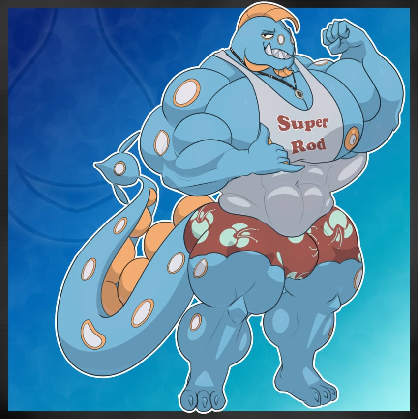 5_fingers abs anthro ass athletic athletic_anthro athletic_male athletic_wear biceps big_muscles blue_body bottomwear bulge clothed clothing detailed_bulge digital_media_(artwork) english_text feet fingers fish flexing flexing_bicep generation_3_pokemon genital_outline gesture gym_bottomwear hand_gesture hi_res huge_muscles huntail hyper hyper_muscles looking_at_viewer male marine muscular muscular_anthro muscular_male nintendo nipples pecs penis_outline pokemon pokemon_(species) seaserpenttailor shaka_sign sharp_teeth shirt shorts simple_background smile solo swimming_trunks swimwear tail teeth text text_on_clothing toes topwear