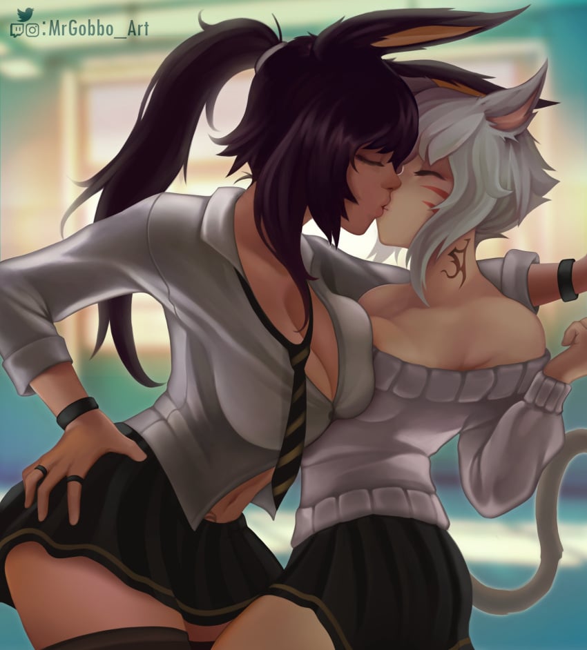 2021 2girls black_hair bunny_ears bunny_girl cat_ears cat_tail catgirl closed_eyes female female/female female_only final_fantasy final_fantasy_xiv hi_res kissing long_hair miqo'te mrgobbo ponytail school_uniform tail viera white_hair wholesome xelia_xenaz y'shtola yuri