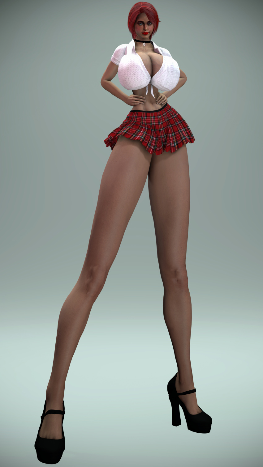 3d abs aged_up big_breasts breasts ellie_(the_last_of_us) ellie_williams giantess huge_breasts legs long_legs makeup mini_giantess red_hair schoolgirl skirt tall_female the_last_of_us