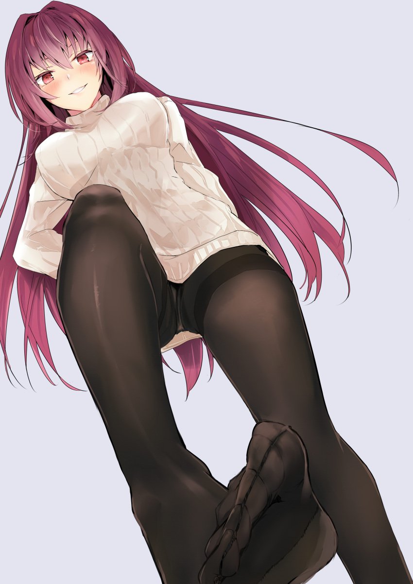 1girls absurd_res absurdres adult adult_female arm_behind_back arms_behind_back black_legwear black_pantyhose black_stockings blush blush_lines blushing_at_viewer blushing_female breasts breedable dot_nose fate/grand_order fate_(series) feet female female_focus female_only foot_up full_body grin groin hand_behind_back hands_behind_back high_resolution highres knees large_breasts leg_up legs legs_apart legwear light-skinned_female light_skin lips long_hair looking_at_viewer mature mature_female pantyhose purple_eyebrows purple_hair purple_hair_female red_eyes red_eyes_female scathach_(fate) shoulders simple_background slender_body slender_waist slim_girl slim_waist smile smiling smiling_at_viewer soles solo standing sweater thick_thighs thighband_pantyhose thighs thin_waist toes tomozero topwear underboob white_background white_sweater white_topwear