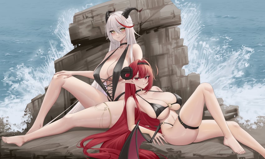 2girls absurdly_long_hair absurdres aegir_(azur_lane) against_rock alternate_costume azur_lane bikini black_bikini black_choker black_horns black_one-piece_swimsuit breasts choker collarbone curled_horns day demon_girl demon_horns demon_wings foot_out_of_frame hair_on_horn highres hindenburg_(azur_lane) horns ichikushi_mojibake large_breasts leaning_back long_hair looking_at_viewer multicolored_hair multiple_girls o-ring o-ring_bikini o-ring_choker one-piece_swimsuit outdoors pointy_ears red_eyes red_hair sitting skindentation streaked_hair succubus swimsuit thigh_strap two-tone_hair very_long_hair water white_hair wings yellow_eyes