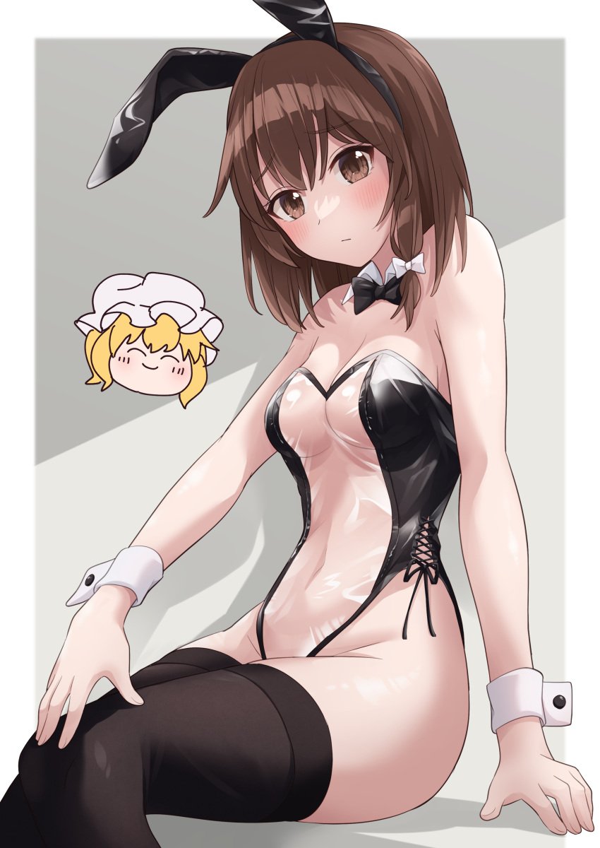 :/ absurdres alternate_costume animal_ears arm_support bare_shoulders black_leotard bow breasts brown_eyes brown_hair chibi chibi_inset detached_collar fake_animal_ears feet_out_of_frame female highres leotard looking_at_viewer maribel_hearn meme_attire no_headwear playboy_bunny rabbit_ears ramie_(ramie541) renko_usami see-through sitting solo thighhighs touhou translucent_bunnysuit usami_renko wrist_cuffs yuri