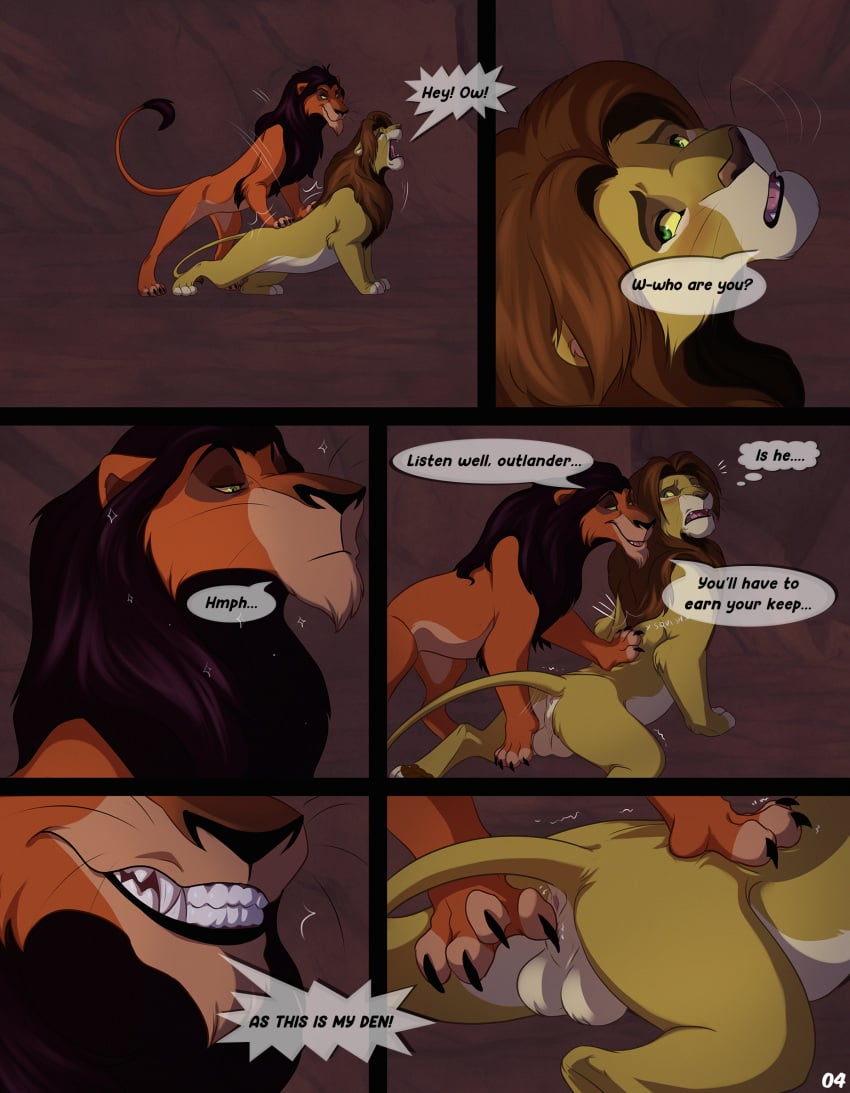 anus ass balls cave den dialogue disney dominant duo fan_character felid feline feral feral_on_feral genitals hi_res lion malaika4 male male/male mammal mane pantherine paws pushing_down scar_(the_lion_king) speech_bubble spread_butt spreading suggestive_dialogue tail the_lion_king the_outlander venvatio zilvus