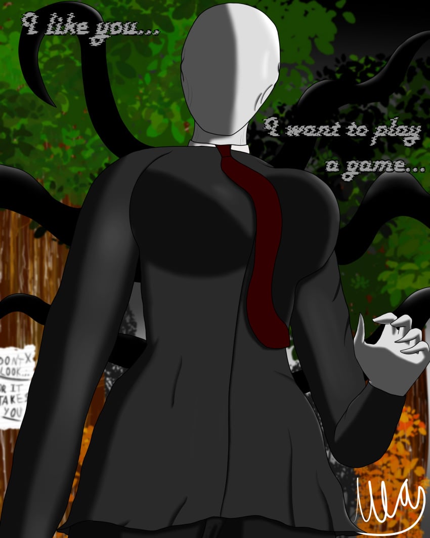 2d 2d_(artwork) anon big_breasts black_clothing clothed clothing creepypasta detailed_background english_text female female_focus female_only forest highres looking_at_viewer rule_63 slenderman tall_female text unknownlemon white_skin