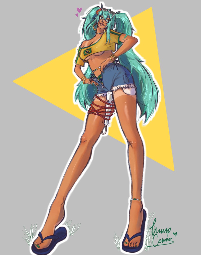 1girls artist_request blue_hair booty_shorts brazil brazilian brazilian_female brazilian_miku female flip_flops hatsune_miku improvised_vibrator long_legs no_bra rope rope_bondage sandals solo solo_female solo_focus unzipped_shorts vibrator vocaloid