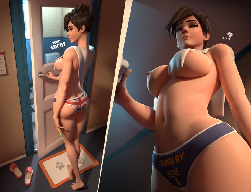 1girls 2024 3d 3d_(artwork) ? ass bare_shoulders belly big_ass big_breasts blizzard_entertainment bottomwear breadblack breasts british_flag brown_eyes brown_hair curvy curvy_figure ear_piercing english_text feet female female_only flag_print frown hair half-closed_eyes hi_res highres holding_object indoors inside large_ass large_breasts light-skinned_female light_skin looking_at_viewer looking_back mostly_nude multiple_angles navel nipples overwatch overwatch_2 panties piercing short_hair solo solo_female standing summer_games_series text text_on_clothing thick_thighs thighs thin_waist toothbrush topless towel towel_on_shoulder tracer union_jack_tracer wide_hips