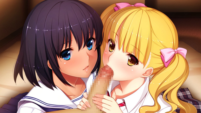 1boy 2girls blonde_hair blowjob brown_hair censored collaborative_fellatio enkou_shoujo fellatio green_eyes handjob koizumi_amane looking_at_viewer mitsuki_mako mosaic_censoring multiple_girls oral penis pov straight teamwork two-handed_handjob