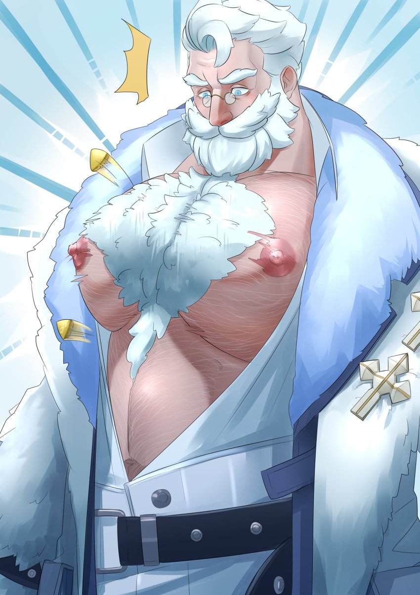 bara beard big_pecs button_pop chest_hair dislyte facial_hair getonjbart male male_only muscles muscular pritzker/mimir_(dislyte) solo solo_male tight_clothing wardrobe_malfunction